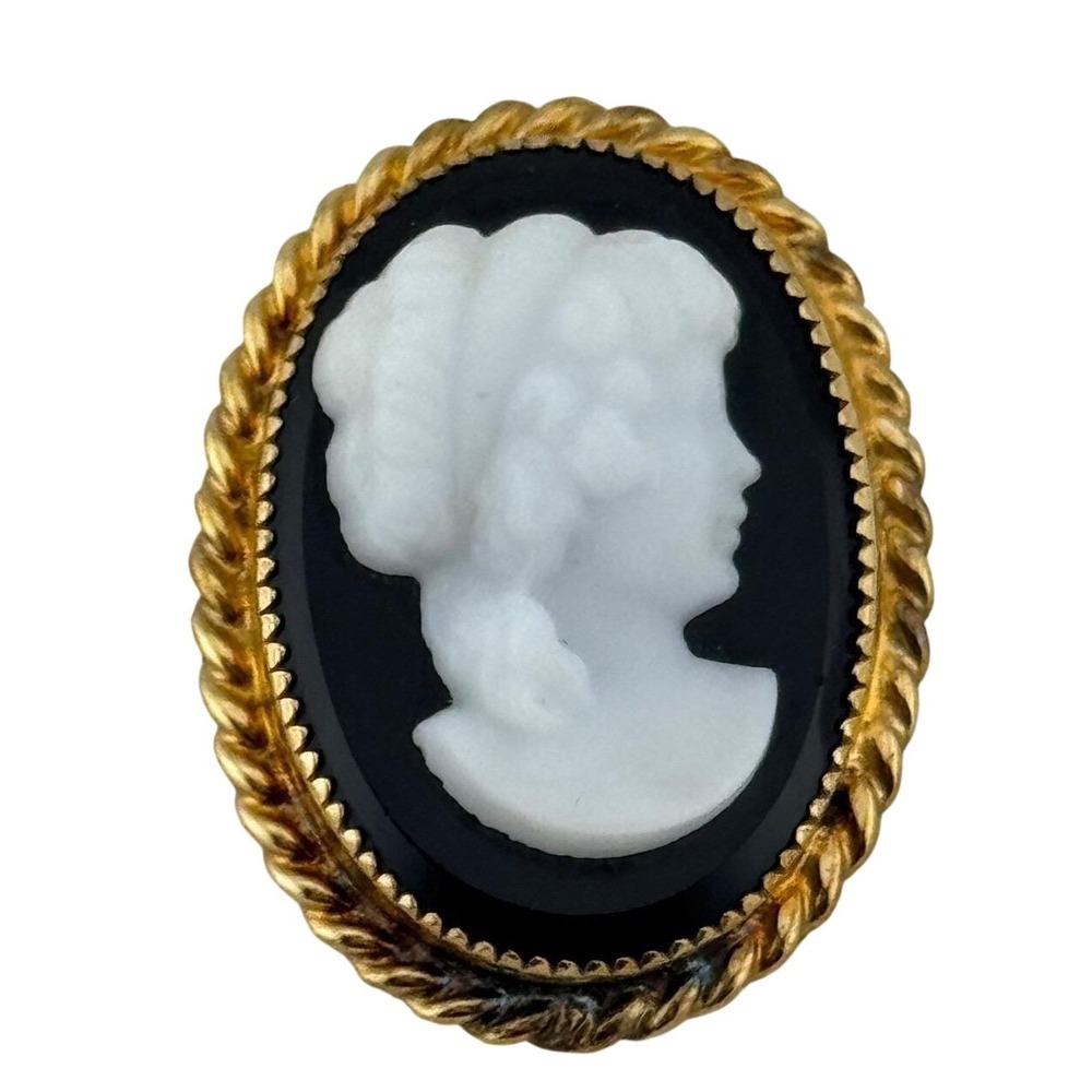 Vintage Gold Filled Cameo Brooch Carla Molded‎ Black White GF Pendant Pin